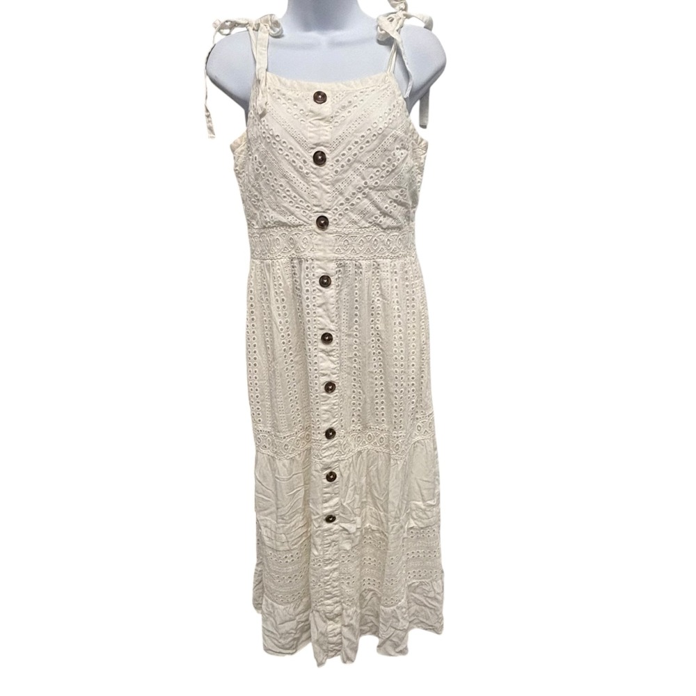 Adelyn Rae White Eyelet Button Front Midi Dress Tie Shoulder Straps Size M
